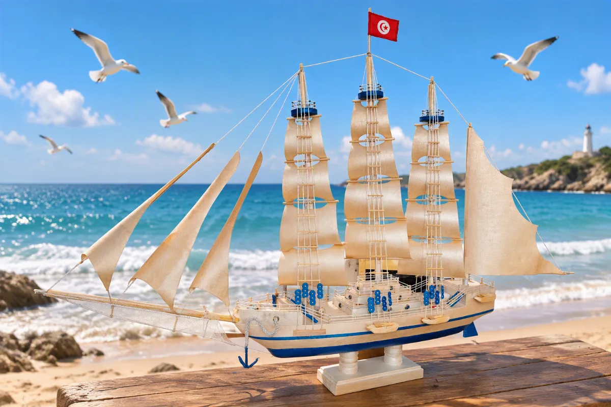Bateau miniature en bois voiles en tissu dimensions 110/80cm